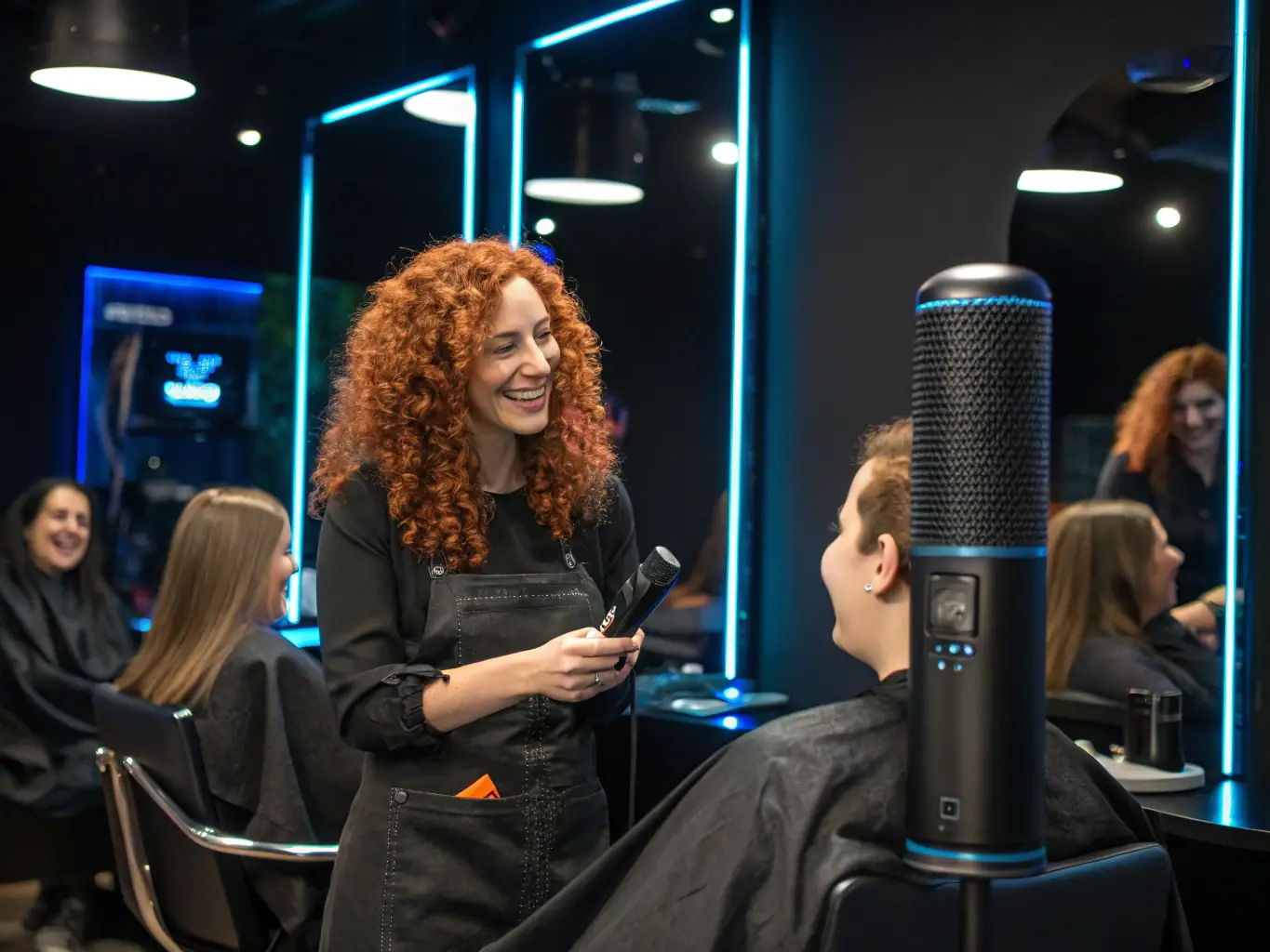 A vibrant salon setting where a hairdresser interacts with a client while VocalCut's voice assistant handles inquiries seamlessly in the background.
