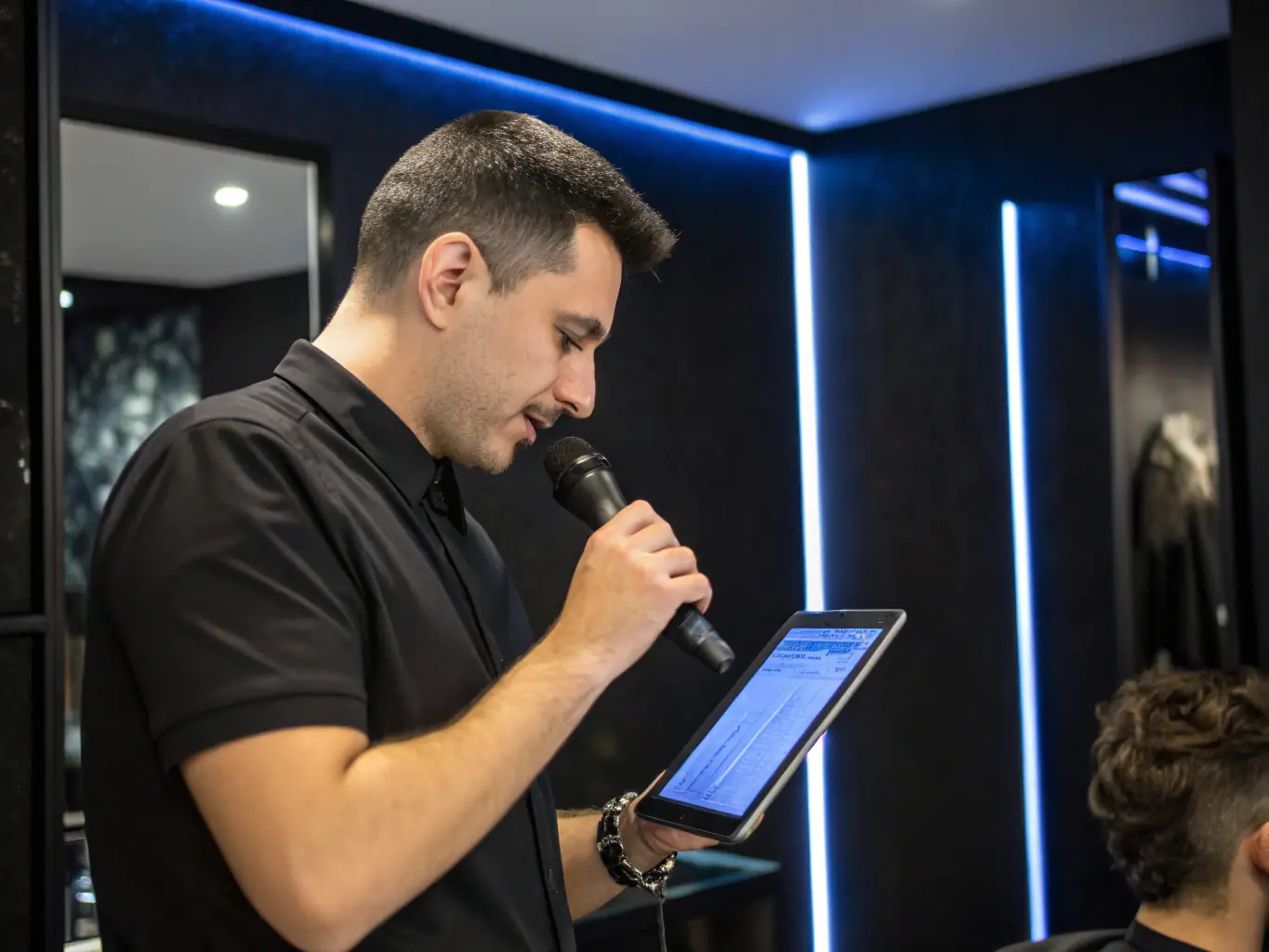 A modern salon environment where VocalCut's system integrates seamlessly, showing a hairdresser using voice commands to manage client preferences and service details.