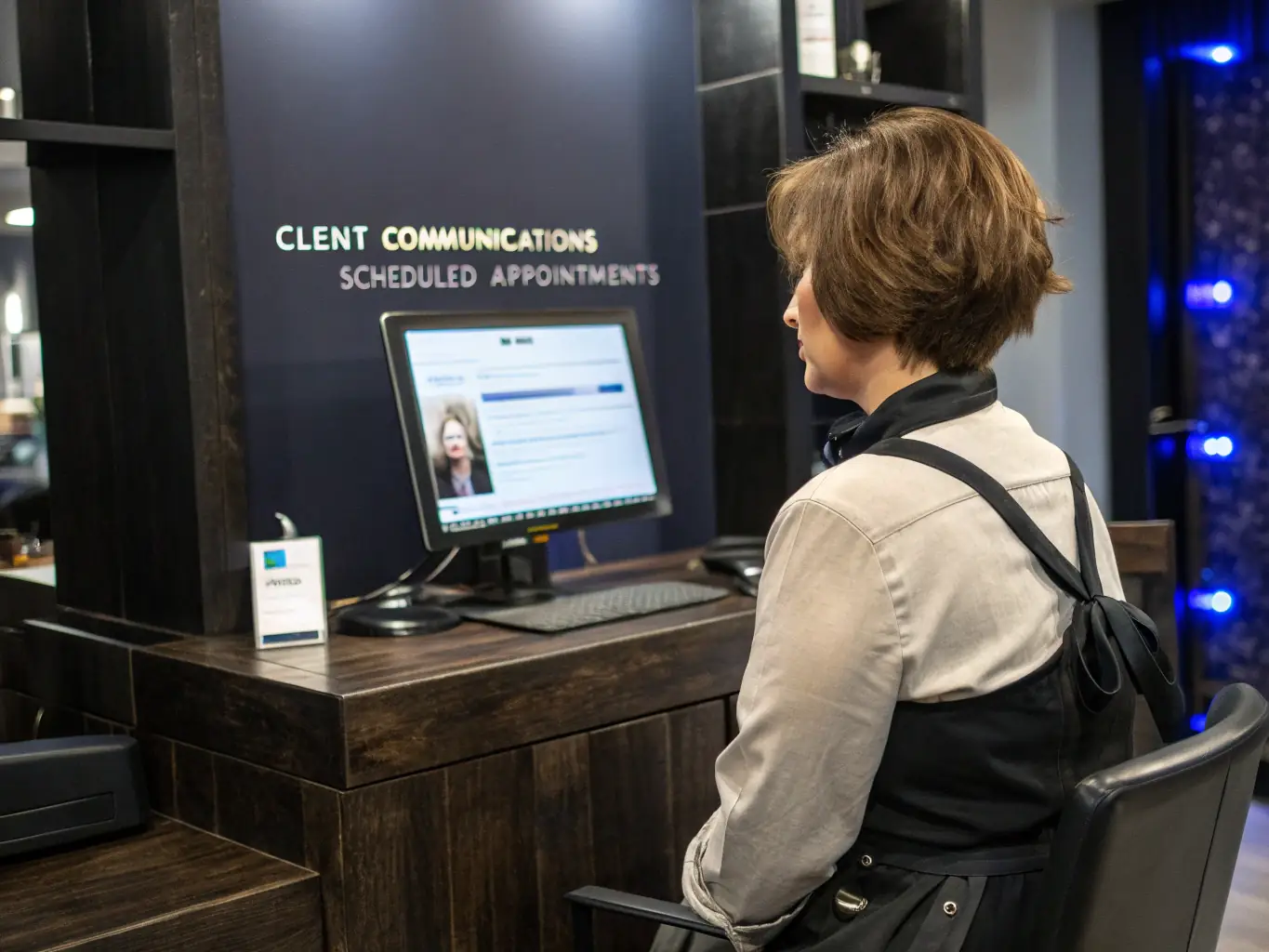 An image illustrating a hairdresser receiving a summary of client communications and appointment confirmations from the vocal assistant.