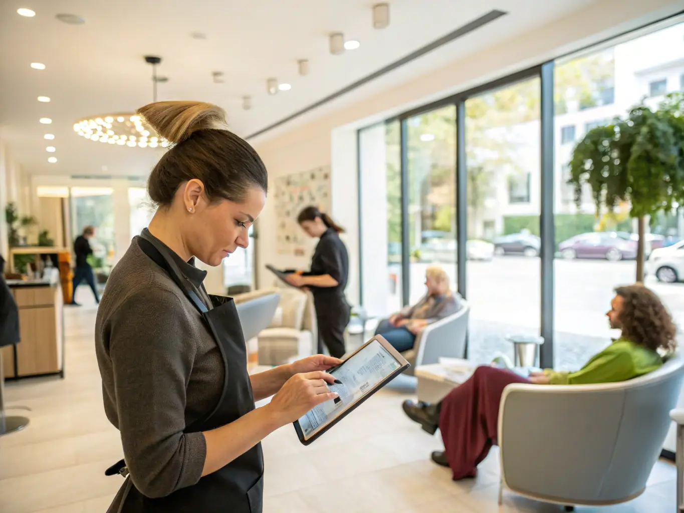 A hairdresser efficiently manages appointments using a tablet displaying VocalCut's scheduling interface, showcasing the ease of automated booking.